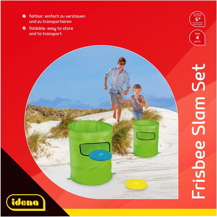 Idena - Wurfspiel Slam Set Outdoor, 2 Faltbare Zielkörbe, 1 Blaue und 1 gelbe Wurfscheibe ⌀ 20 cm, G