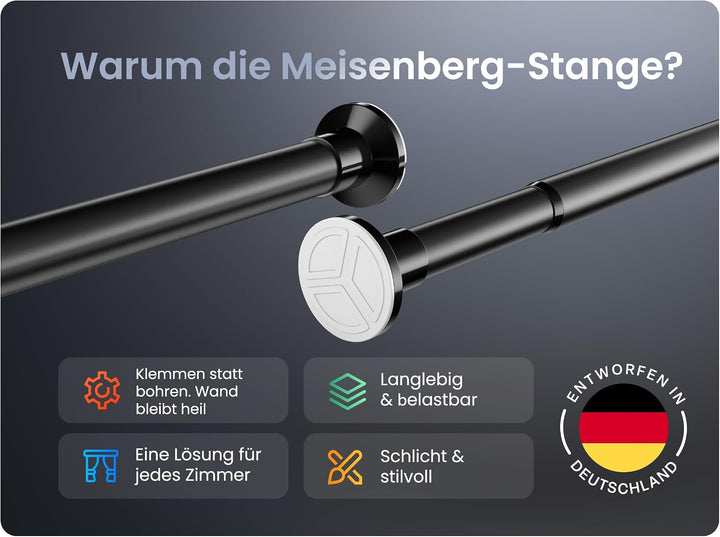 Gardinenstange zum Klemmen 90-160cm, Matt Schwarz, Ø 25 mm, Duschstange ohne Bohren - Teleskopstange