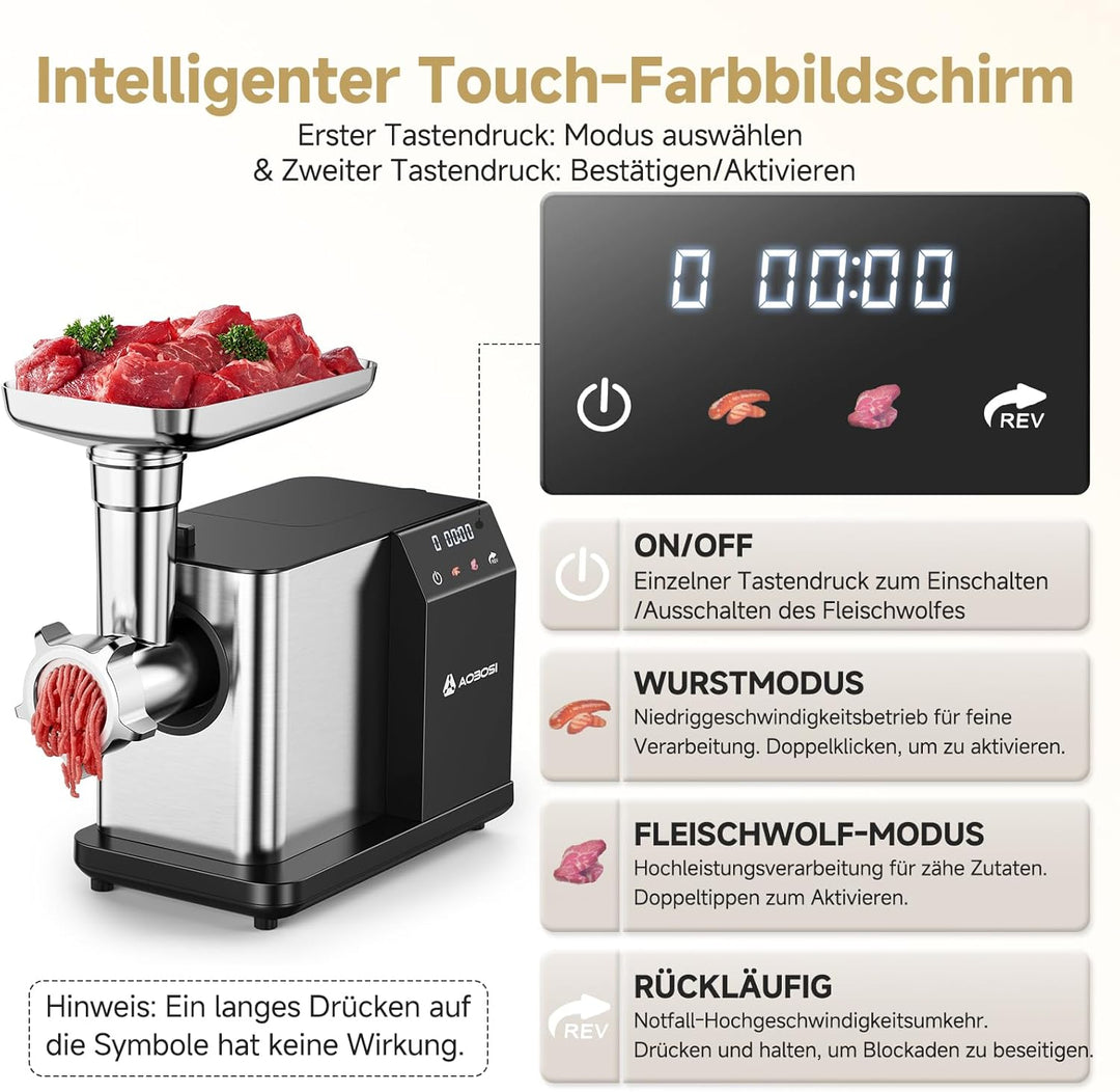 AAOBOSI Fleischwolf Elektrisch [3000W MAX] mit LED-Display,3 Geschwindigkeiten,Fleischwolf mit Anti-