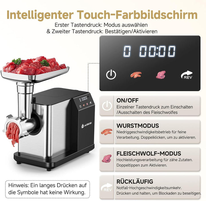 AAOBOSI Fleischwolf Elektrisch [3000W MAX] mit LED-Display,3 Geschwindigkeiten,Fleischwolf mit Anti-