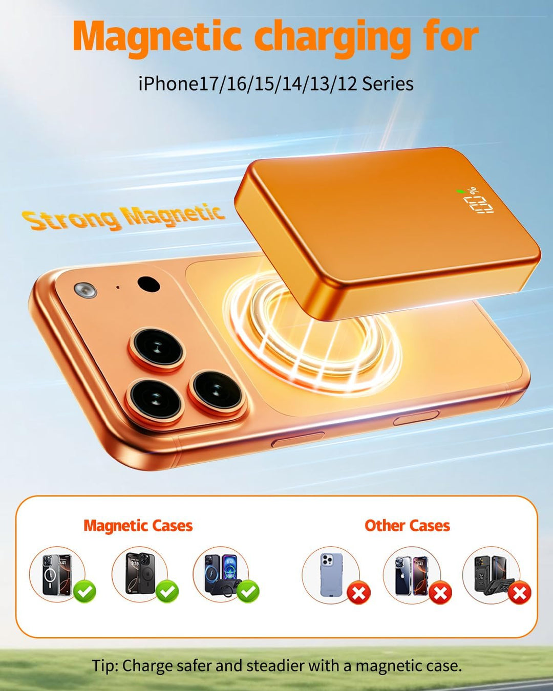 26800mAh Magnetische Powerbank, Mag-Safe-kompatibel, Orange, Orange