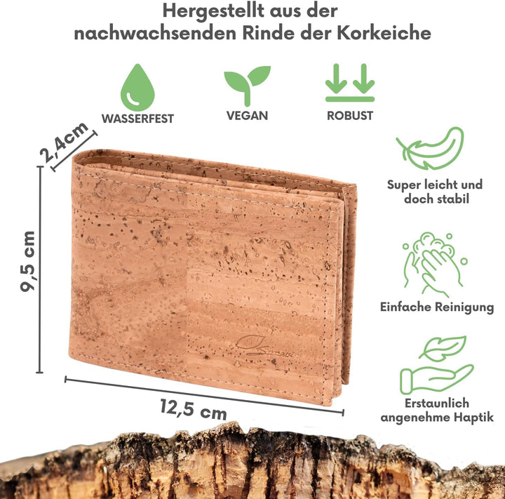 Simaru Kork Geldbörse mit RFID-Schutz, Unisex Geldbeutel für 11+Karten, Scheine & Münzen, Mini Walle