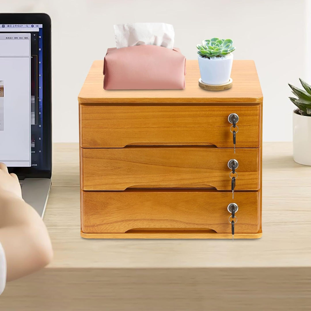 Aufbewahrungsbox mit 3 Ebenen, mit abschliessbarer Schublade, Schreibtisch-Organizer aus Holz, L 39
