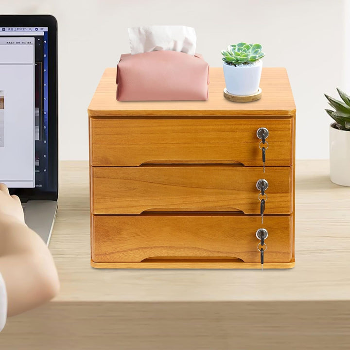 Aufbewahrungsbox mit 3 Ebenen, mit abschliessbarer Schublade, Schreibtisch-Organizer aus Holz, L 39