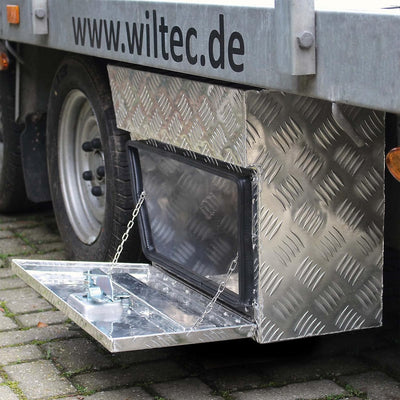 WilTec XPOtool Aluminium Unterflurbox Links 75x25x40cm Deichselbox bis 60 Liter Staubox mit 2 Schlüs