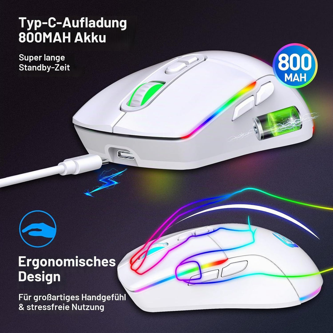 Kabellose Gaming Maus, Dual Mode 2.4GHz/Bluetooth 5.1 Maus Gaming, RGB LED Hintergrundbeleuchtung, E