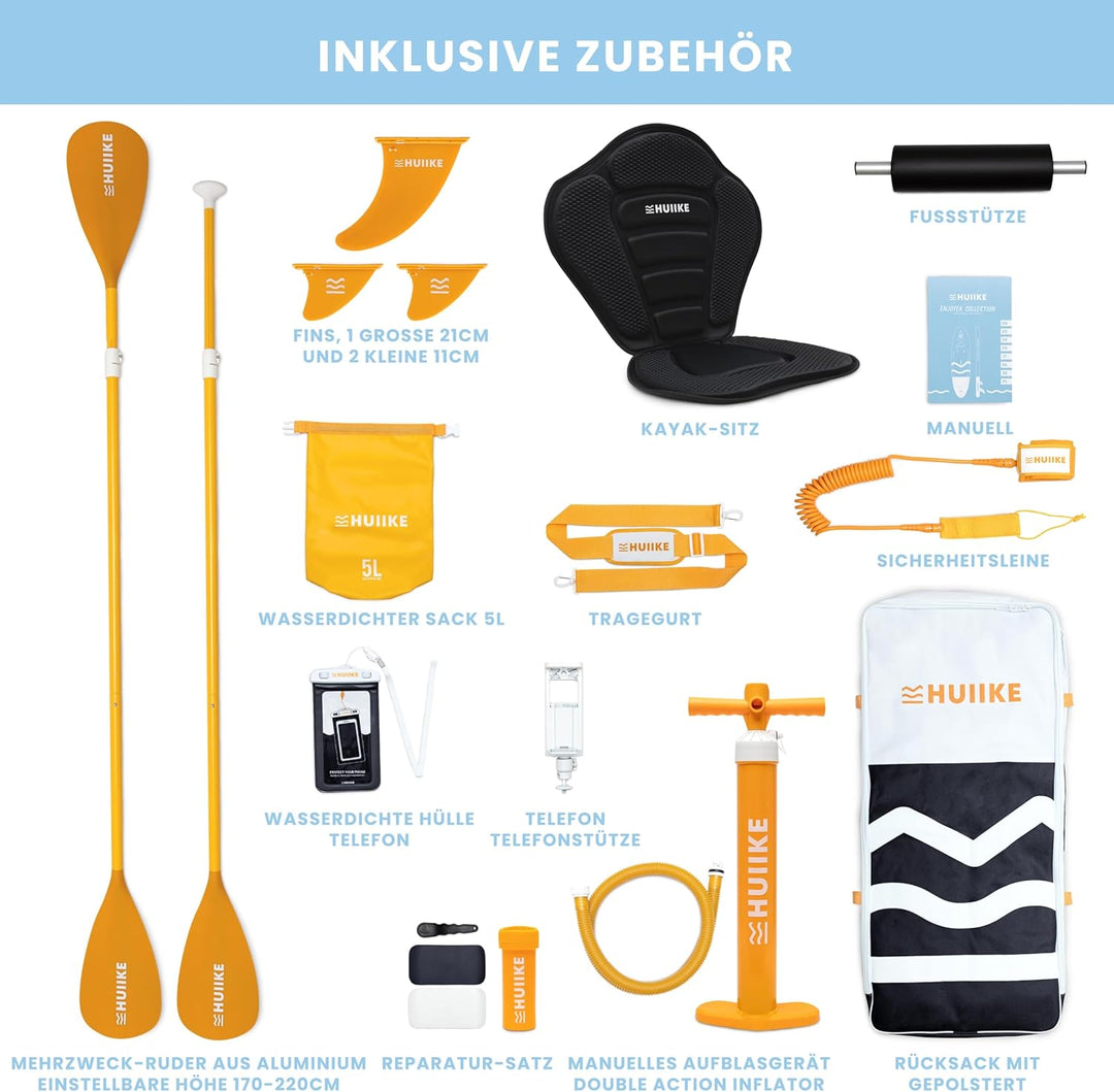 HUIIKE Stand Up Paddling Board mit Zubehör, Paddel, Finnen, Leash, Pumpe, Rucksack. SUP-Board Aufbla