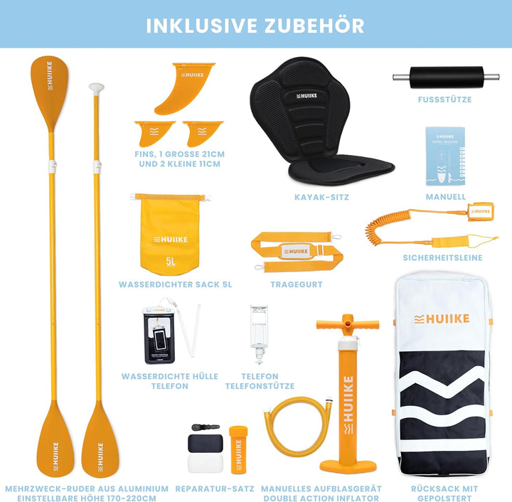 HUIIKE Stand Up Paddling Board mit Zubehör, Paddel, Finnen, Leash, Pumpe, Rucksack. SUP-Board Aufbla