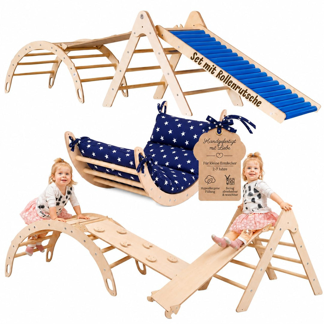 WoodsCraft 4in1 Set: Kletterdreieck mit Rutsche Indoor/Klettern Rampe, Rollenrutsche & Kletterbogen