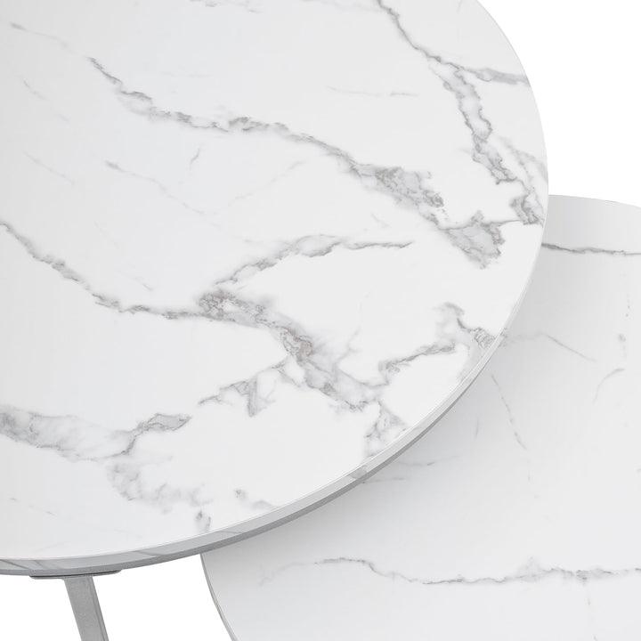 hitsuki Couchtisch, Marmor Couchtisch Silber, Couchtisch Rund 2er Set, Wohnzimmertisch weiss aus Met