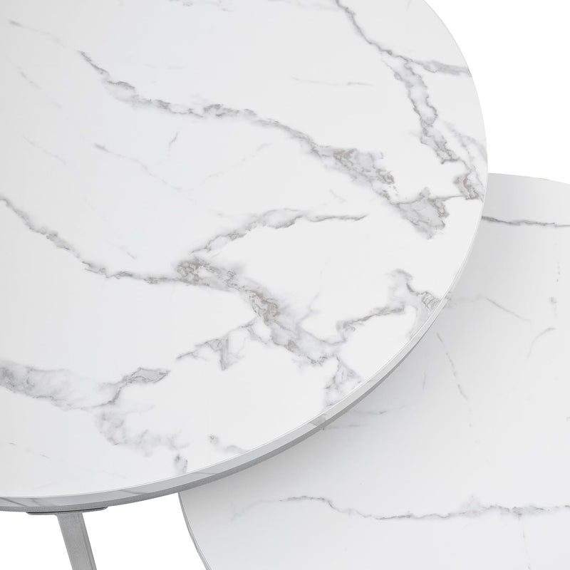 hitsuki Couchtisch, Marmor Couchtisch Silber, Couchtisch Rund 2er Set, Wohnzimmertisch weiss aus Met