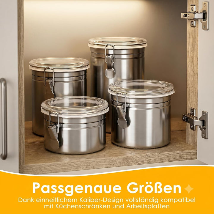 4 Stück Kaffeedose Luftdicht mit Sichtfenster und Silikondichtung | 100% Luftdicht, Premium Edelstah
