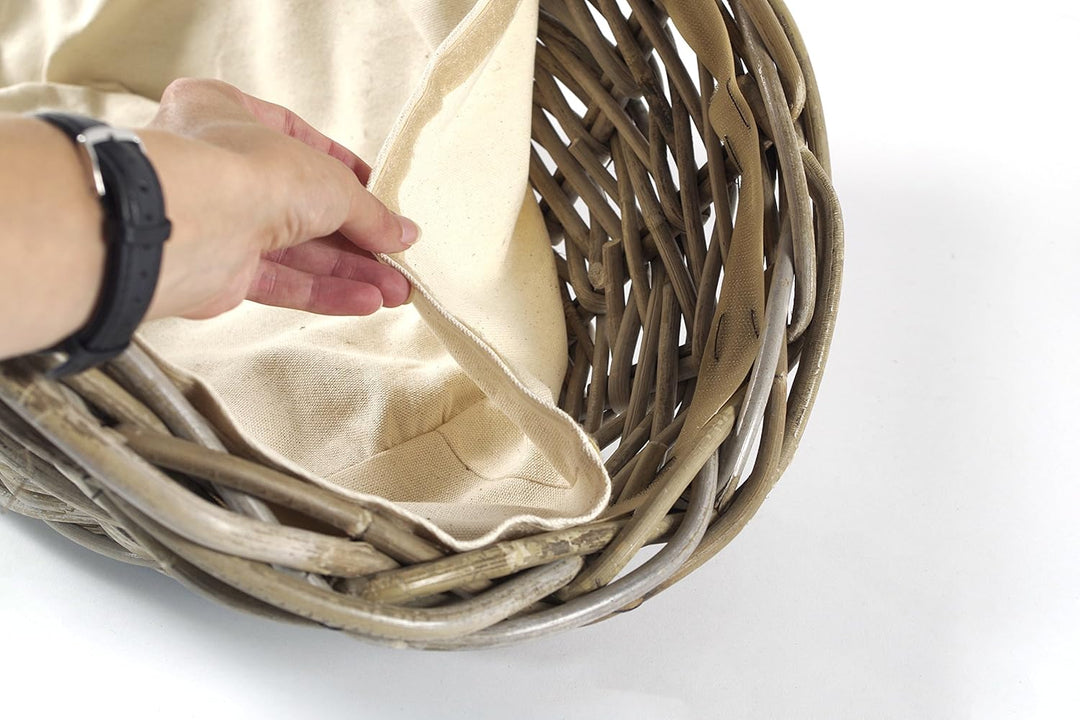 Kobolo Kaminholzkorb oval Kubu grey aus Rattan mit Henkel und Leinen ausgeschlagen Grau Leinen, Grau