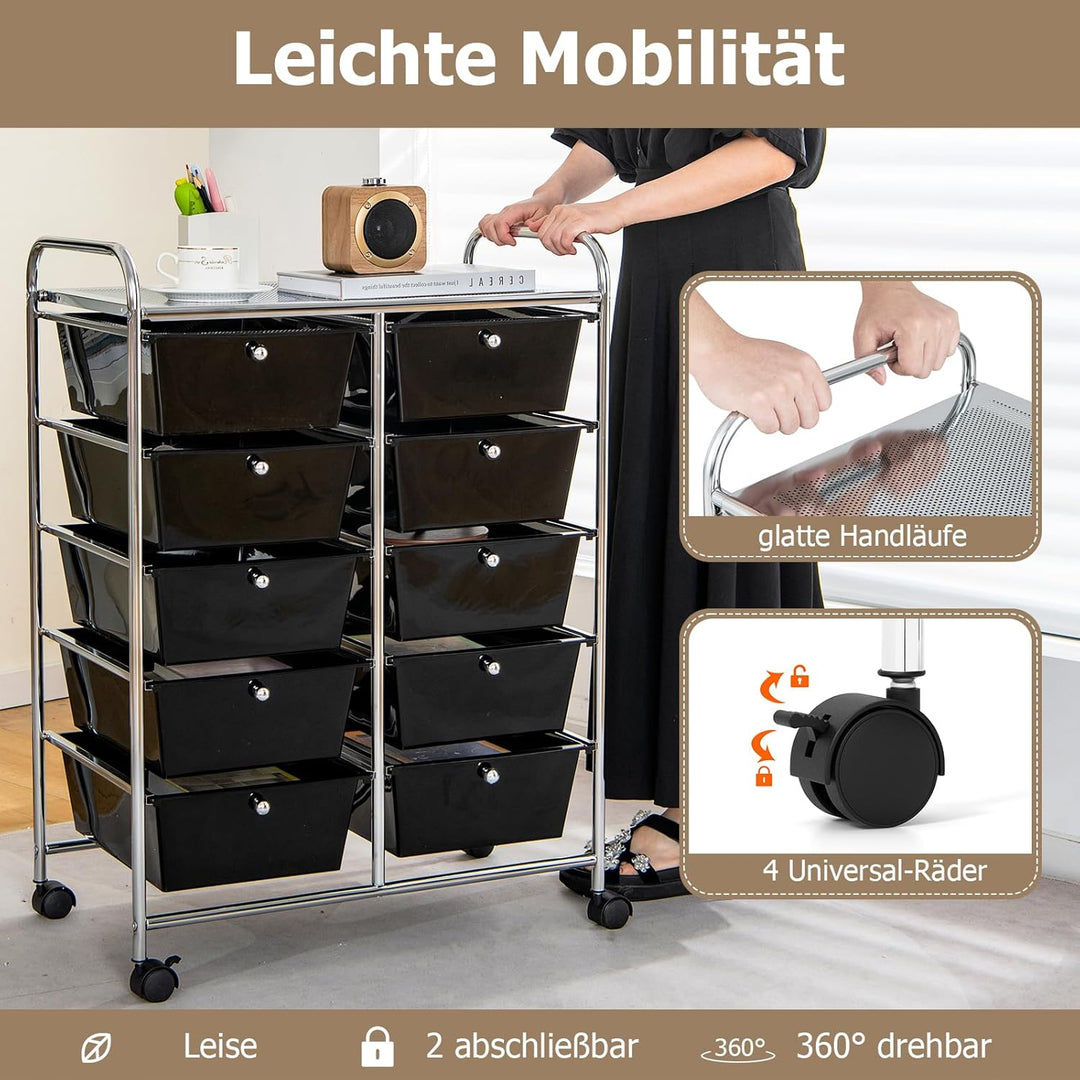 GOPLUS Rollwagen mit 10 Schubladen stapelbar, Rollcontainer mit Ablage & Metallgestell, Badregal, Au