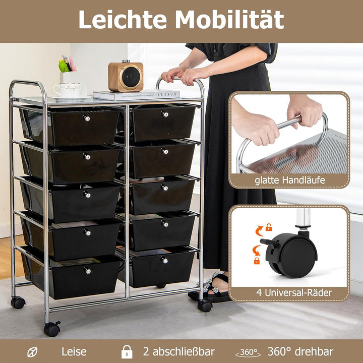 GOPLUS Rollwagen mit 10 Schubladen stapelbar, Rollcontainer mit Ablage & Metallgestell, Badregal, Au