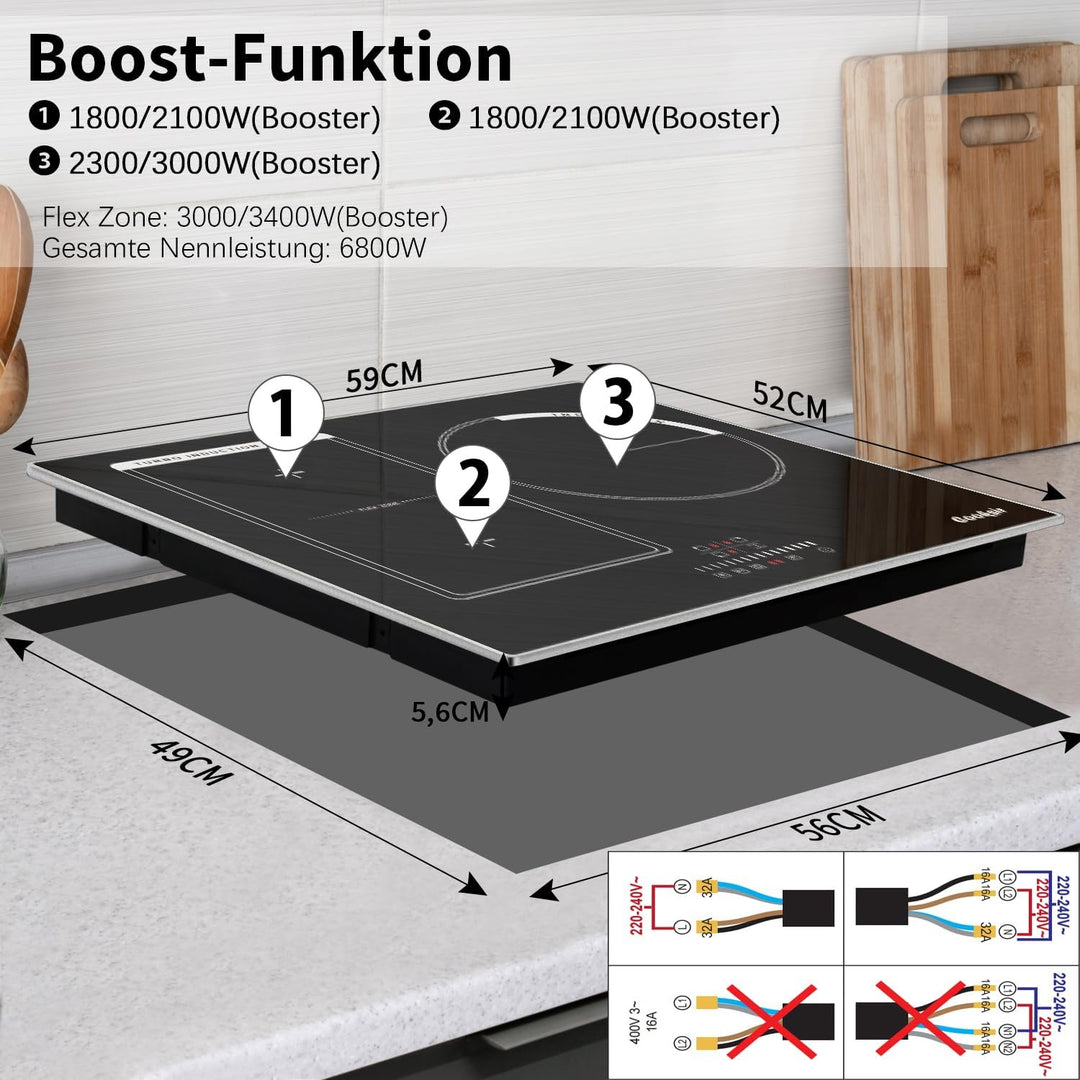 Cooksir Induktionskochfeld mit Rahmen, 60cm Einbau Kochfeld 3 Platten, 6800W, Flex Zone für Grill, K