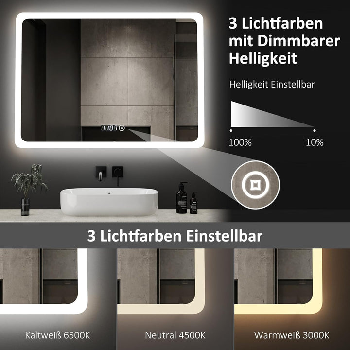 Boromal LED Badspiegel mit Uhr 80x60cm Badezimmerspiegel mit Beleuchtung 6500K Kaltweiss Wandspiegel