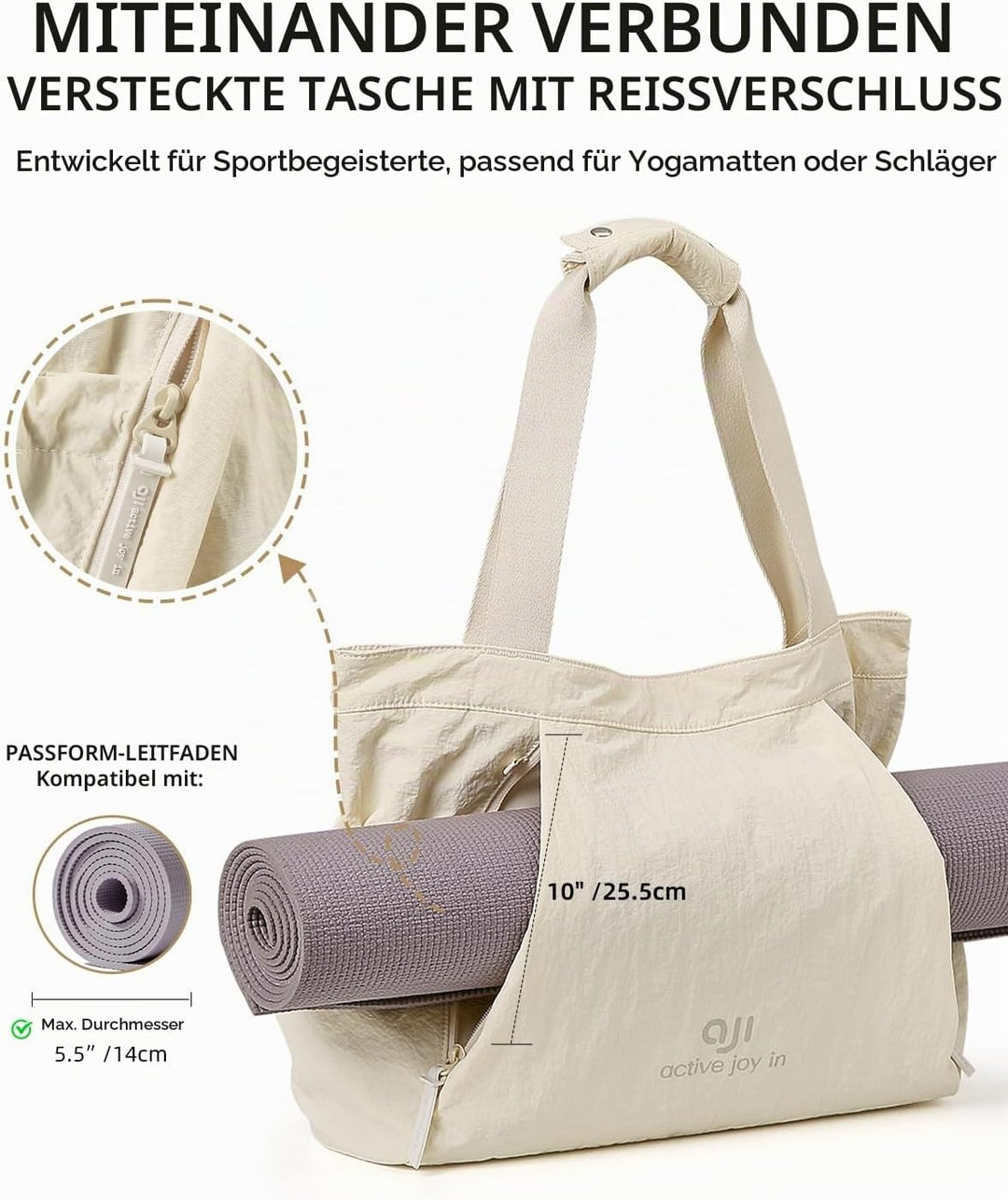 aji Yogatasche, Yoga Tasche mit Nass- und Trockenaufbewahrungstasche und Vielen Fächern, Yogamatte T