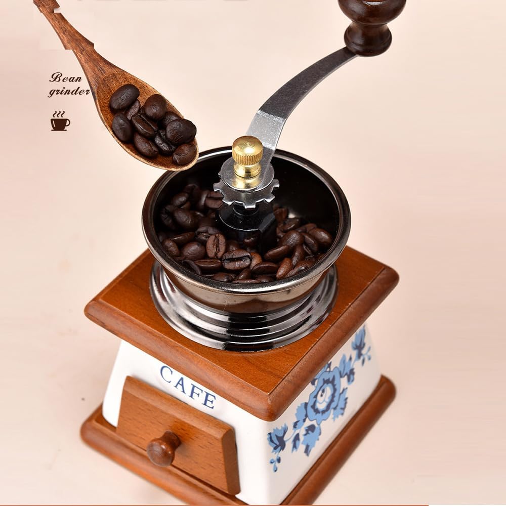 YUEHUA Manuelle Kaffeemühle justierbar - Keramik-Kegelmahlwerk, Gusseisen-Retro-Design mit Buchenhol