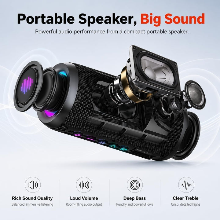 TIMU Bluetooth Lautsprecher mit Licht, Bluetooth 5.4 Musikbox, 25W Dual Lautsprecher, Dualen Bass-Tr