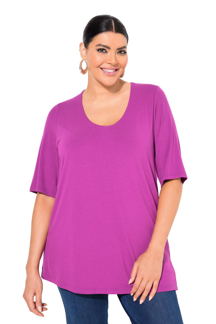Ulla Popken Damen T-Shirt, vorne doppellagig, V-Ausschnitt, Halbarm, Brombeere