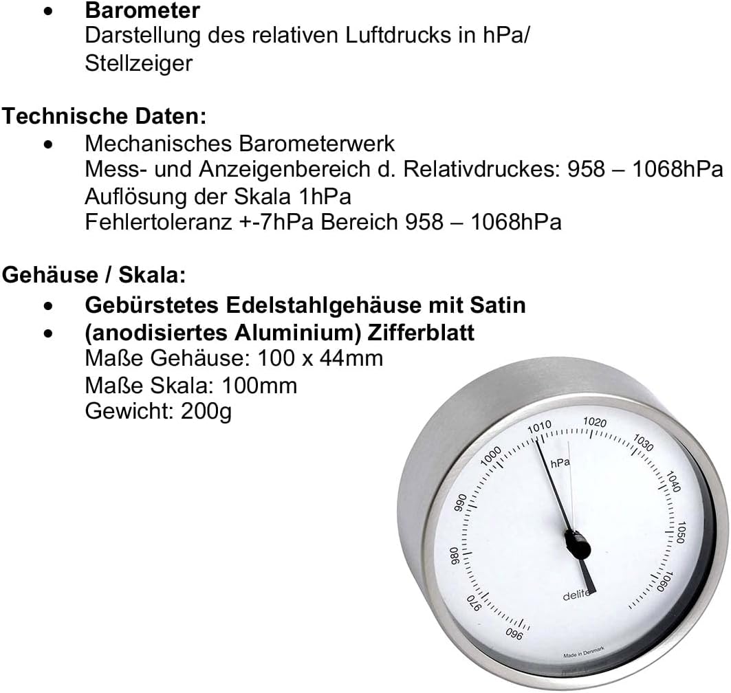 Delite Clausen 605500 Edelstahl gebürstet Barometer Zifferblatt satiniert B x H 100 mm x 44 mm