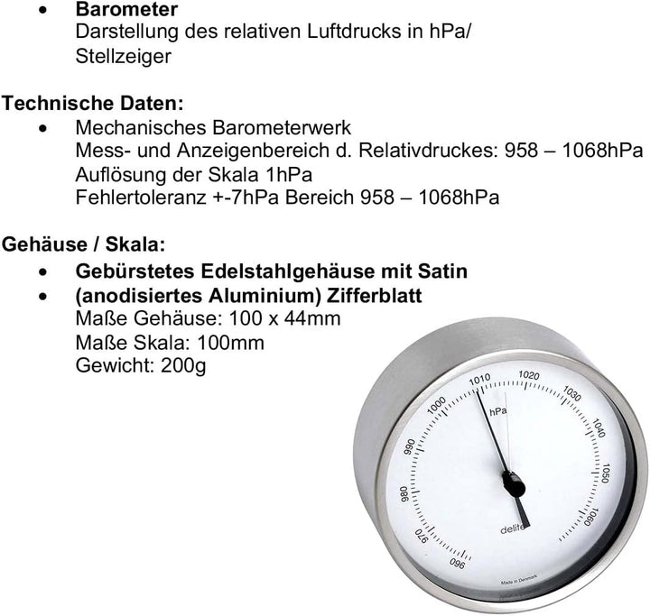 Delite Clausen 605500 Edelstahl gebürstet Barometer Zifferblatt satiniert B x H 100 mm x 44 mm