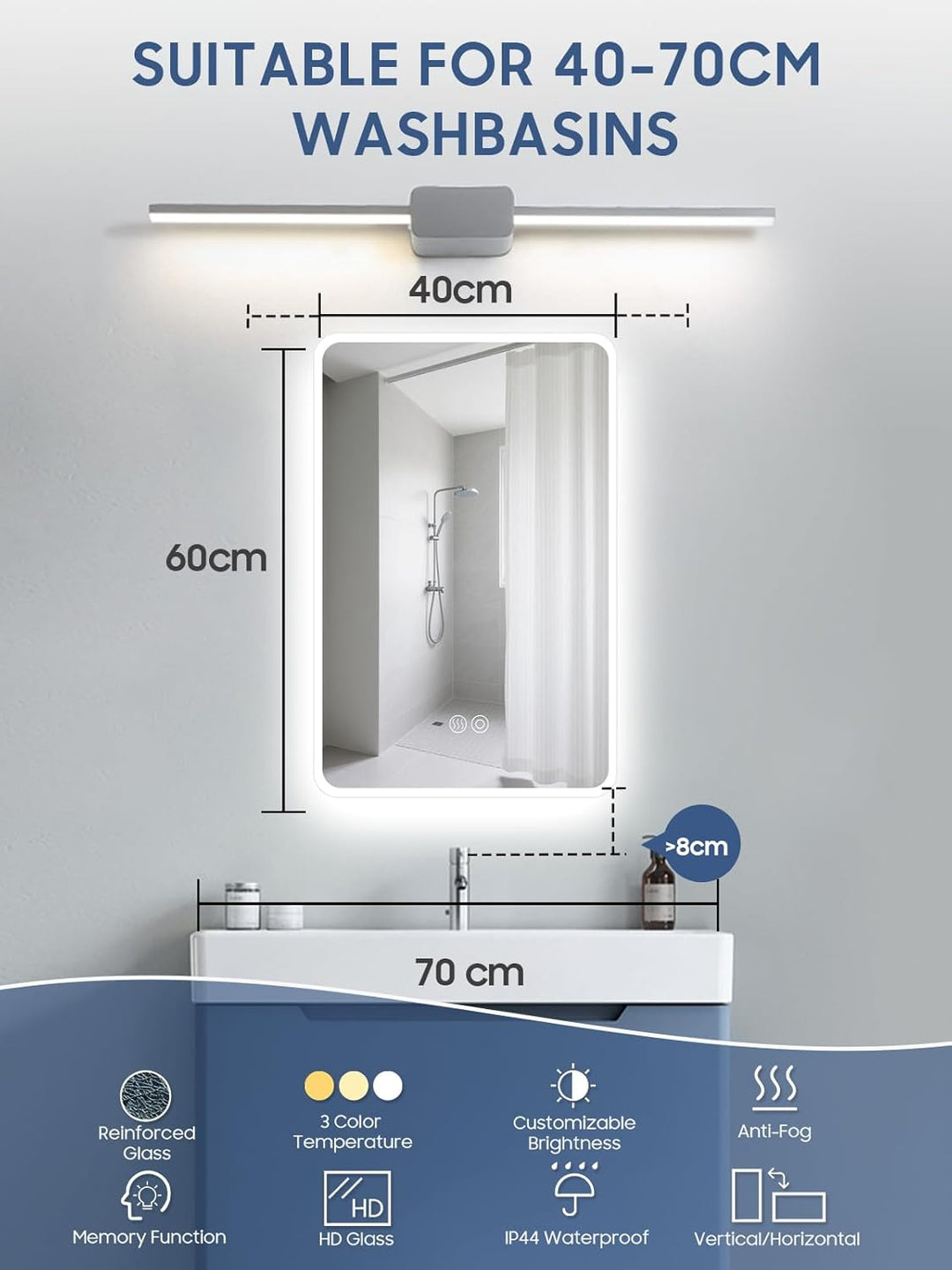 LED Spiegel mit Beleuchtung, 40x60cm Badezimmerspiegel mit Touchschalter, Anti-Fog,Dimmbar Licht 3 F
