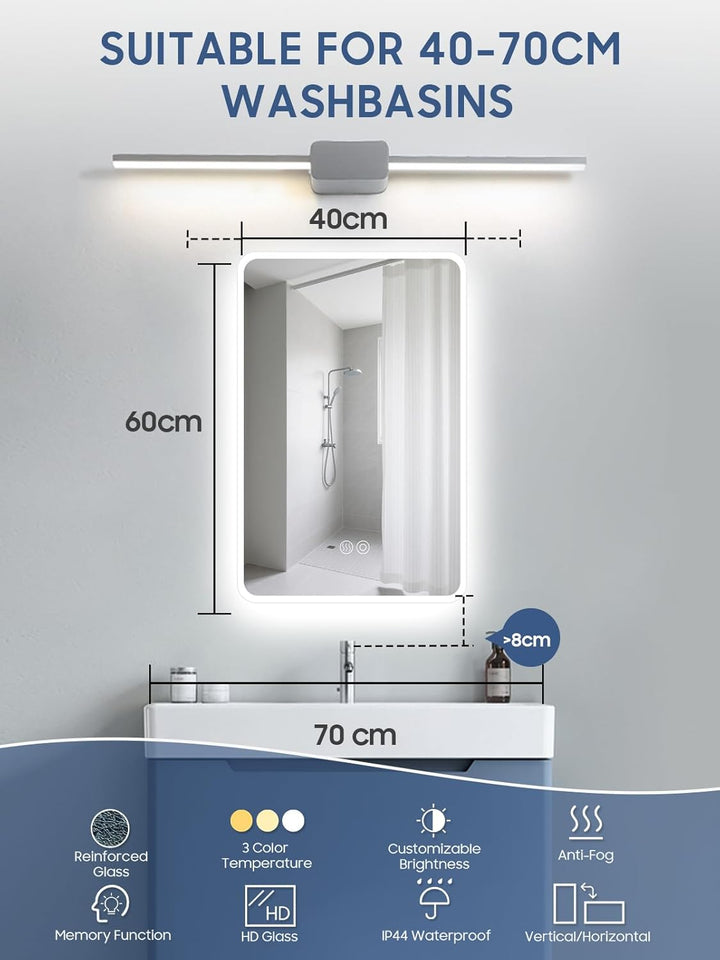 LED Spiegel mit Beleuchtung, 40x60cm Badezimmerspiegel mit Touchschalter, Anti-Fog,Dimmbar Licht 3 F