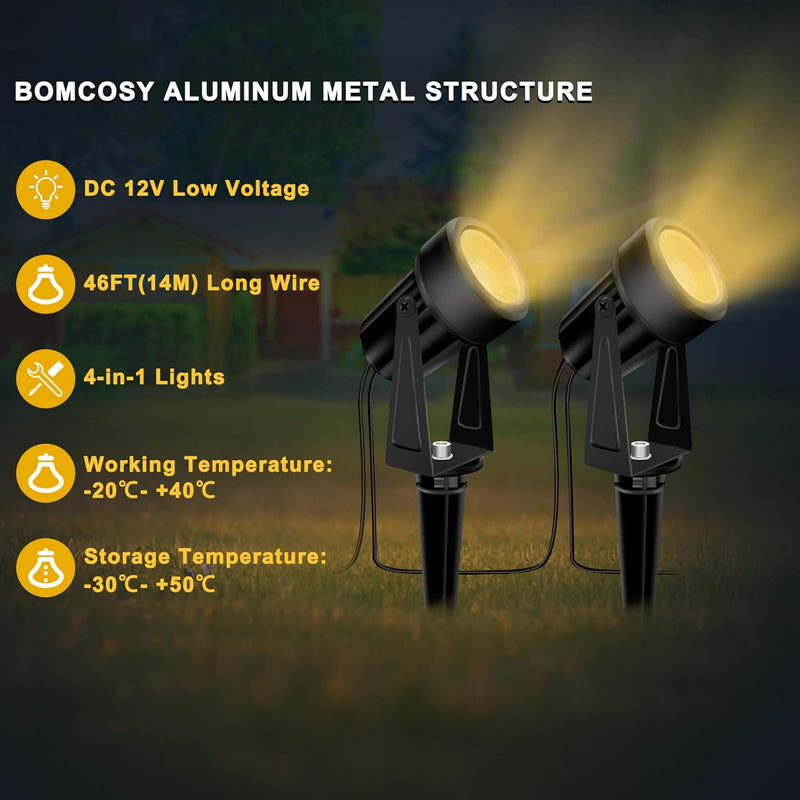 Bomcosy Gartenbeleuchtung, 3W 4er Set Gartenleuchte mit Erdspiess, DC 12V 14M IP65 Wasserdicht LED G