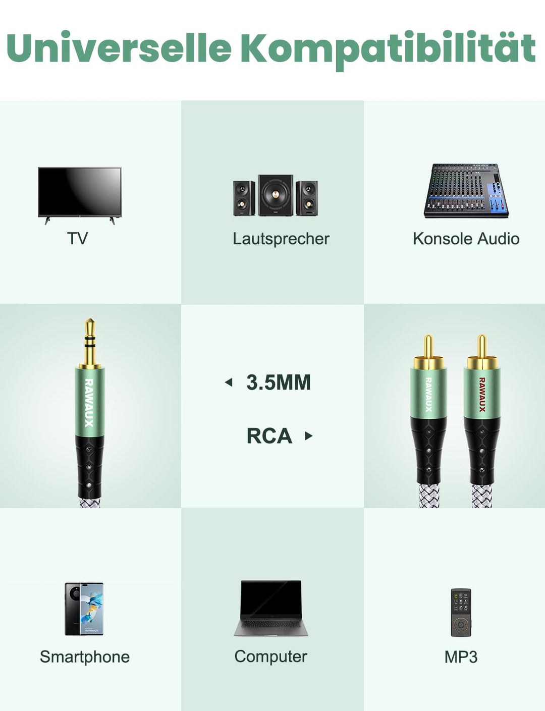 RAWAUX Cinch Kabel 3M, Klinke auf Cinch Kabel Cinch Subwoofer Kabel Adapter 3.5mm Klinke auf 2 x Cin