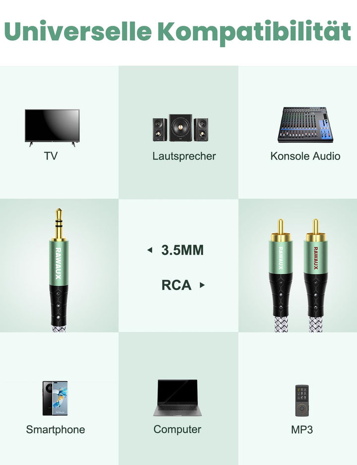 RAWAUX Cinch Kabel 3M, Klinke auf Cinch Kabel Cinch Subwoofer Kabel Adapter 3.5mm Klinke auf 2 x Cin