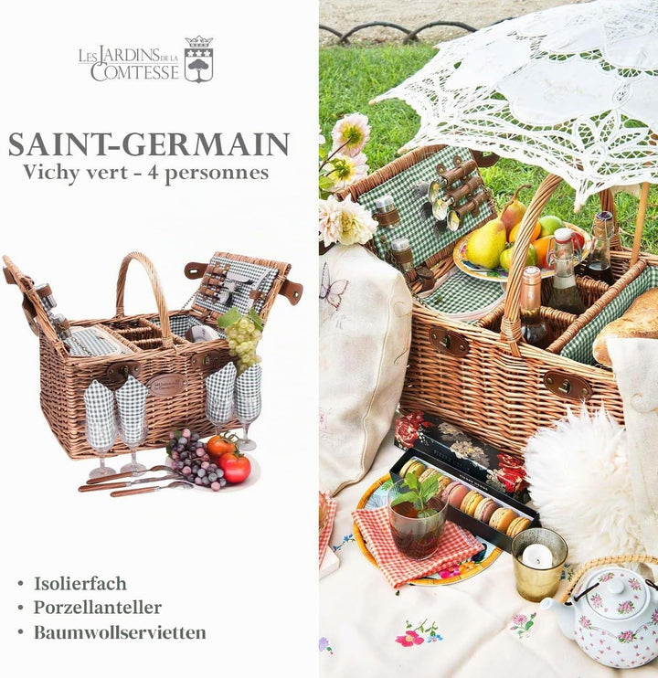 Les Jardins de la Comtesse - Picknickkorb Saint Germain - Braun Weide Honig Farbe - Grün Karierter S