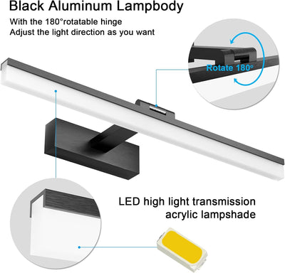 Klighten LED Spiegellampe 16W 50CM, 180° Rotation Badleuchte für Wandbeleuchtung und Badzimmer, Schm