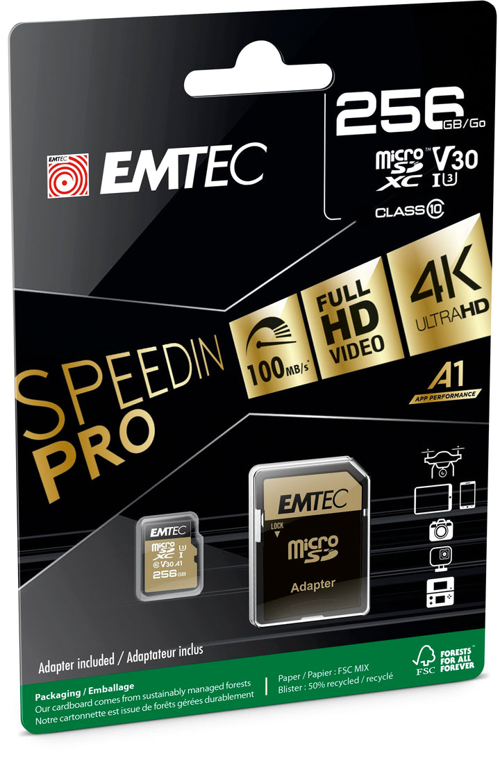 EMTEC SD Card 256GB SDXC (CLASS10) Speedin V30 A1 4K Adapter, 256GB