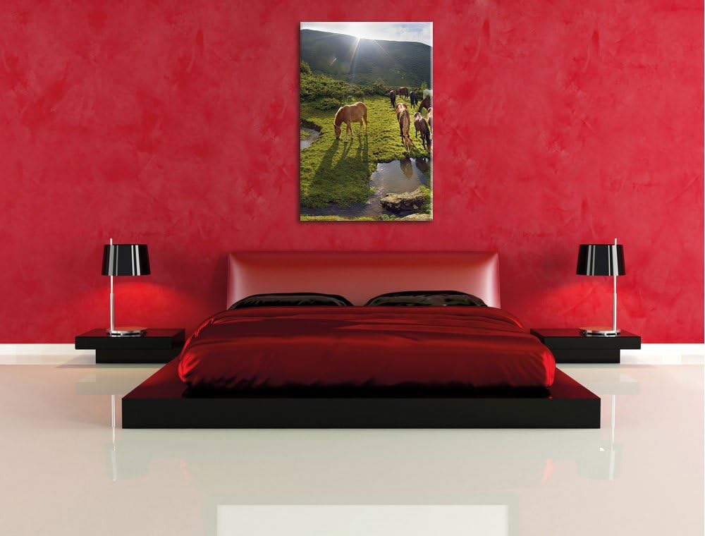 Pferde auf Wiese, Format: 100x70 auf Leinwand, XXL riesige Bilder fertig gerahmt mit Keilrahmen, Kun