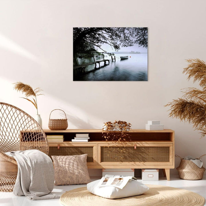 Bilder auf Leinwand See Dock Boot Bäume Leinwandbild mit Rahmen 70x50cm Wandbilder Dekoration Wohnzi