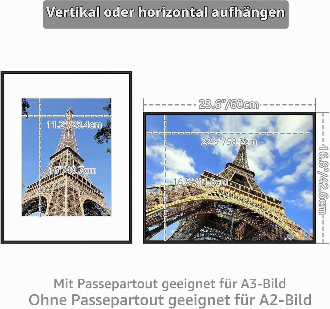 YEEPHAN Grosser schwarzer a2 Bilderrahmen mit Plastic glass-front, a2 Rahmen mit Passepartout für a3