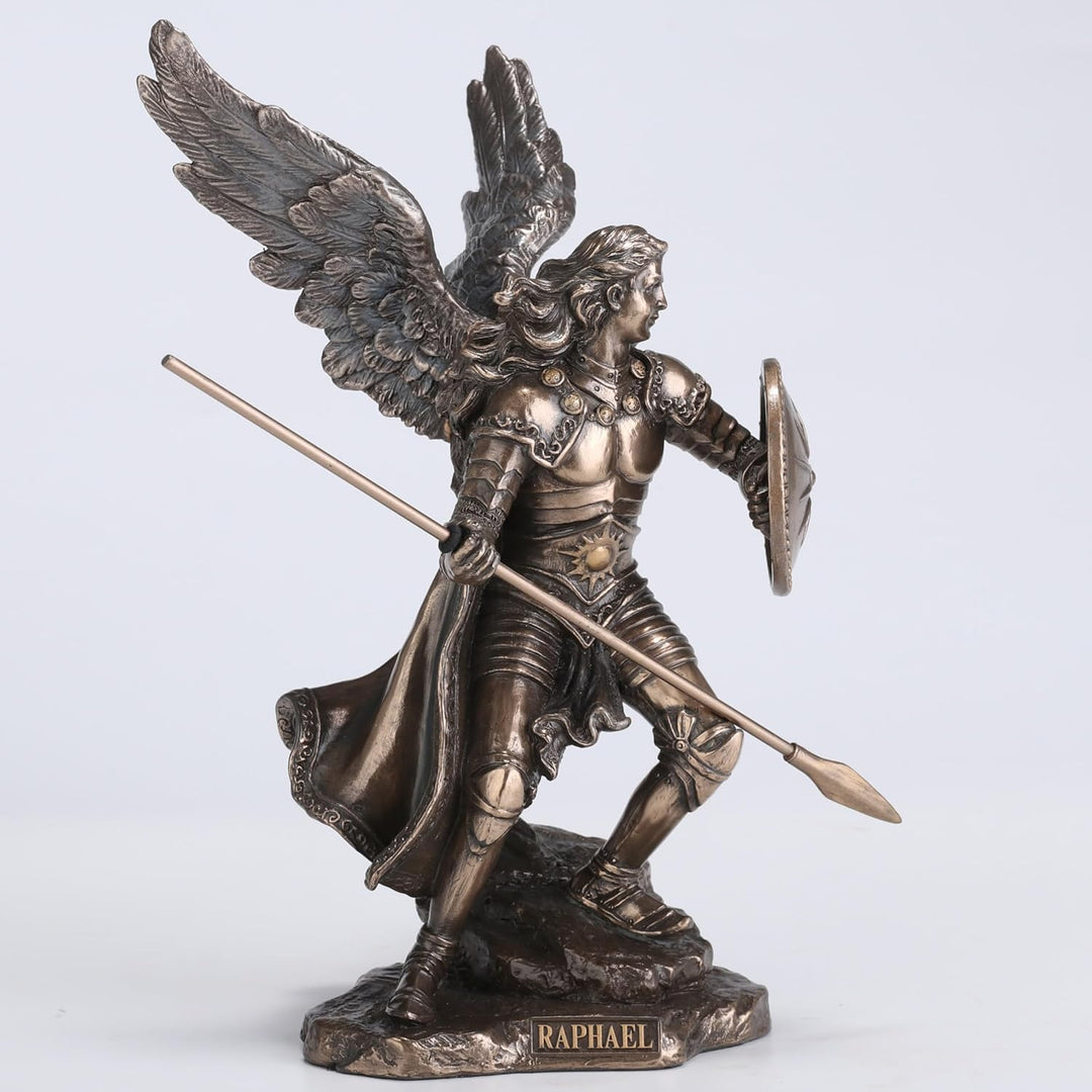 Unicorn Archangel Raphael God Has Healed Holding Shield and Spear Bronze Statue Figurine