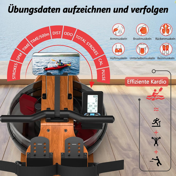 [2026 Testversion] Wenoker Wasser Rudergerät für zuhause Holz Klappbar, Komfortabler Sitz, Bluetooth