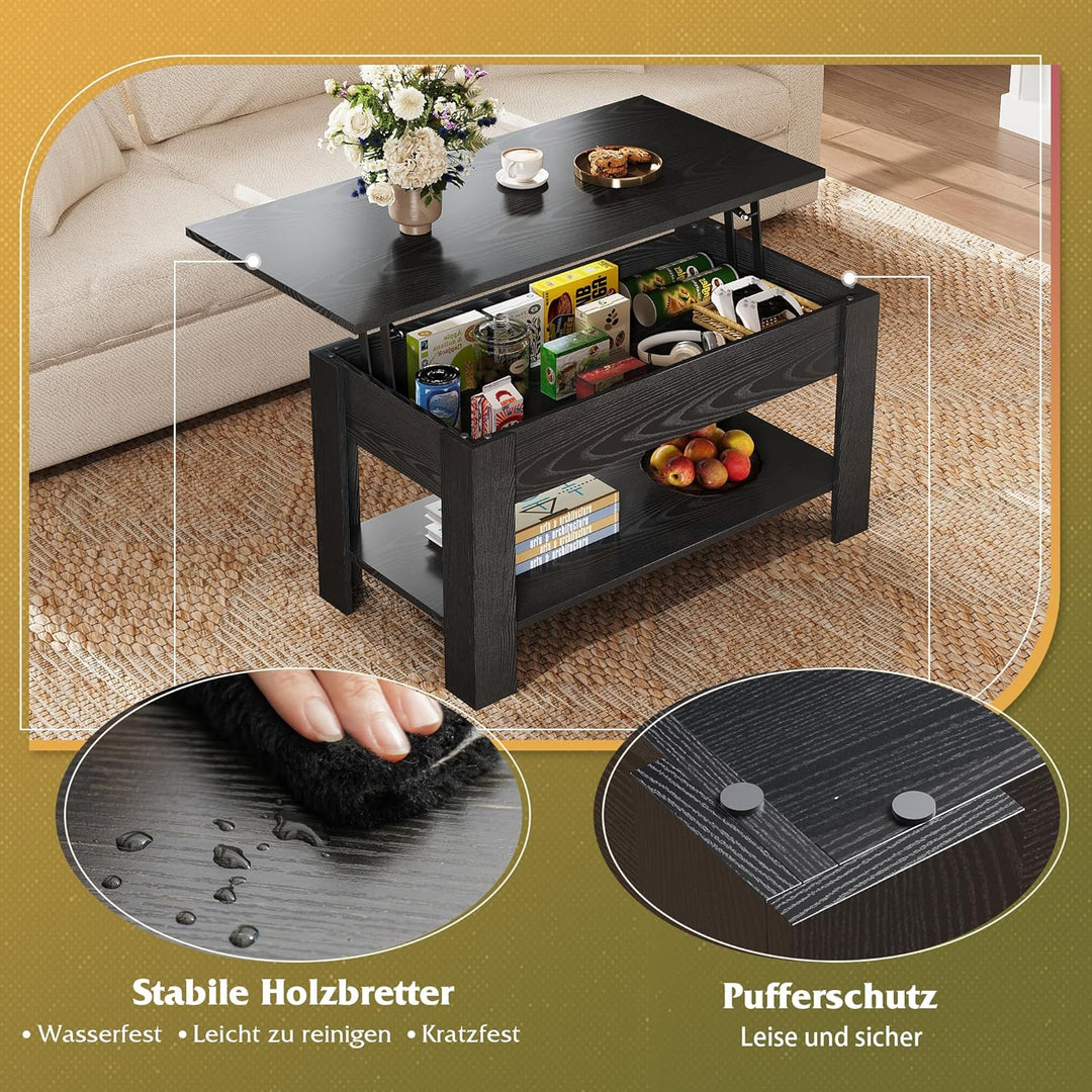WLIVE Couchtisch mit Stauraum, Wohnzimmertisch Höhenverstellbar mit Verstecktem Staufach und Ablagef