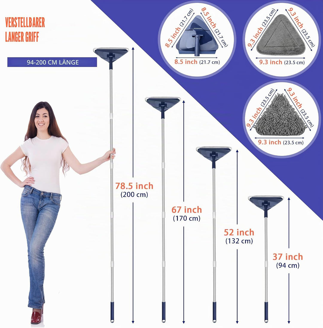 JEHONN Bodenwischer Wischmopp mit Langem Griff 200CM, 3-In-1 Wand Mop mit 6 Ersatz Mikrofaser Chenil