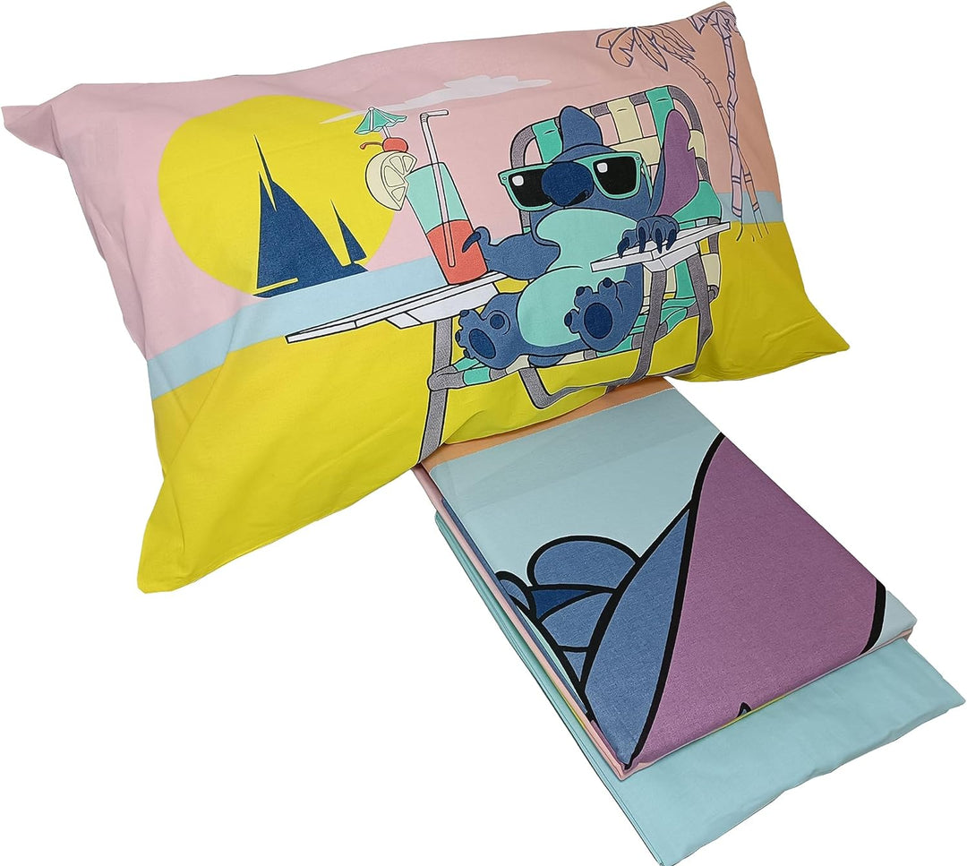 Stitch, Bettlaken für Einzelbett, Spannbettlaken, Kissenbezug, Blau, Disney, 100% Baumwolle, offizie