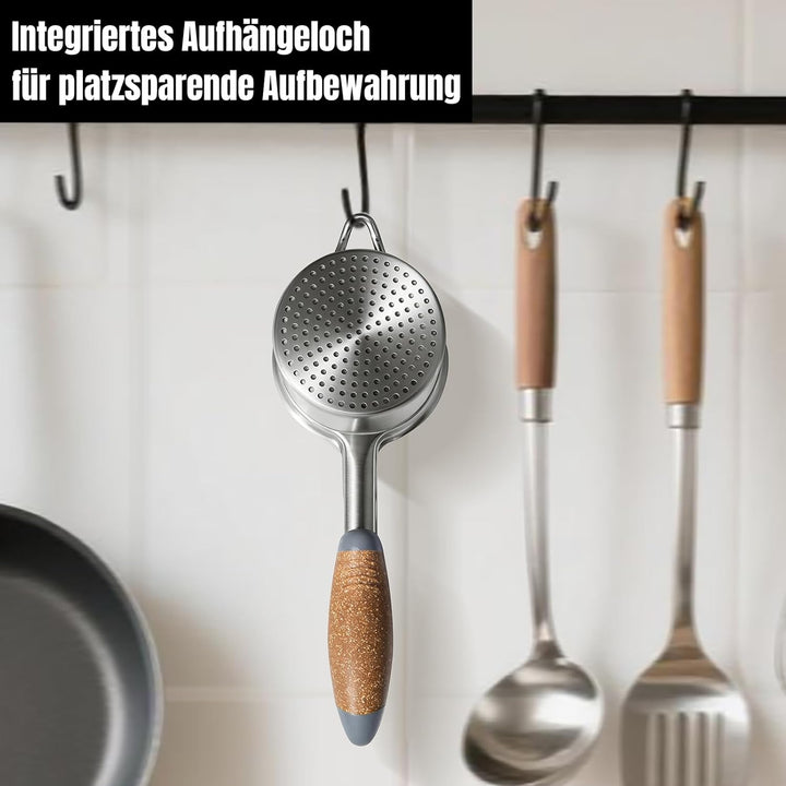 Kartoffelpresse Edelstahl mit fester Scheibe, Robuster Kartoffelstampfer mit Holz-Kunststoff-Griff,