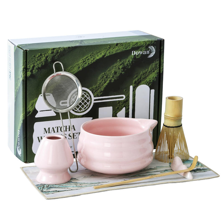 DOWAN Matcha Set, 7 Stück Matcha Tee Set, Matcha Zubehör Rosa, Matcha Schale mit Ausgiesser, Matcha