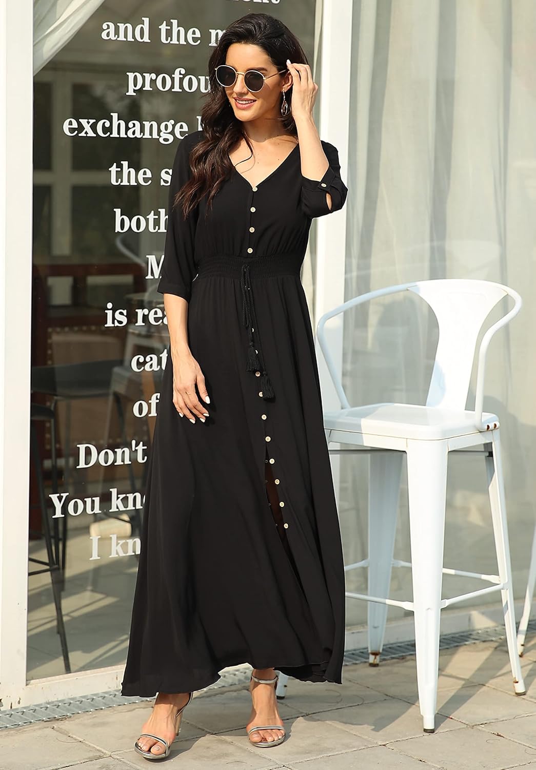 Damen Lange Split Knopf Up Sommer Maxikleid Floral Strandwear Holidy Kleid Hohe Taille mit kurzen Är