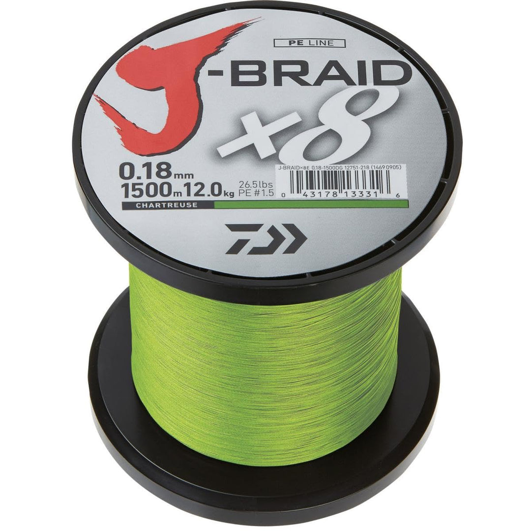 DAIWA J- Braid X8, Chartreuse, 0.28mm, 26.5kg / 58.0lbs, 1500m, Rund Geflochtene Angelschnur, 12750-