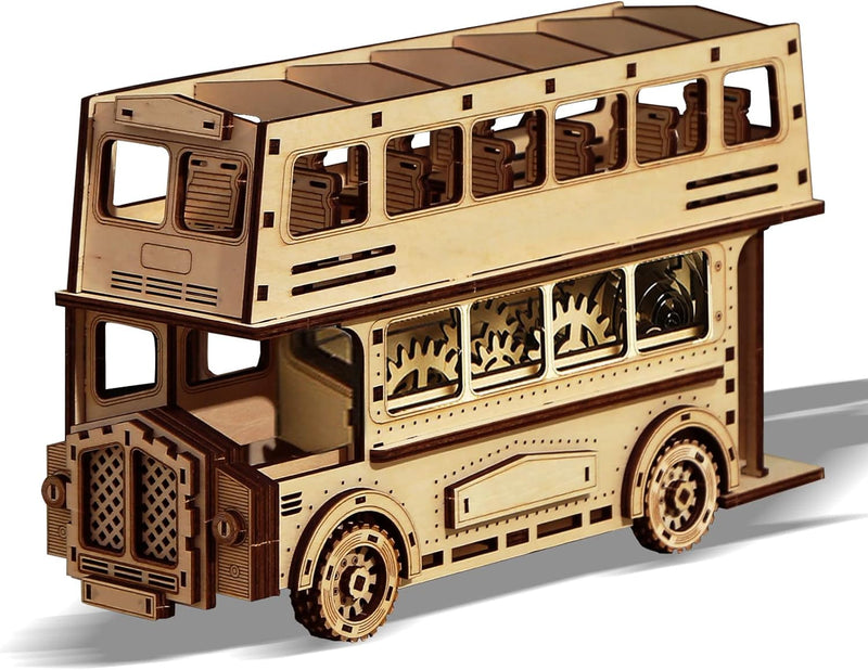 Holz-Doppeldecker-Bus, 3D-Holzpuzzles für Erwachsene und Kinder zum Bauen – Rolluntersetzer aus Holz