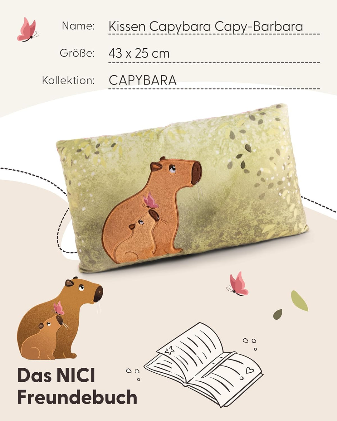NICI Kuschelkissen Capybara Capy-Barbara 43 x 25cm - Flauschiges Capybara Kuscheltier Kissen für Mäd