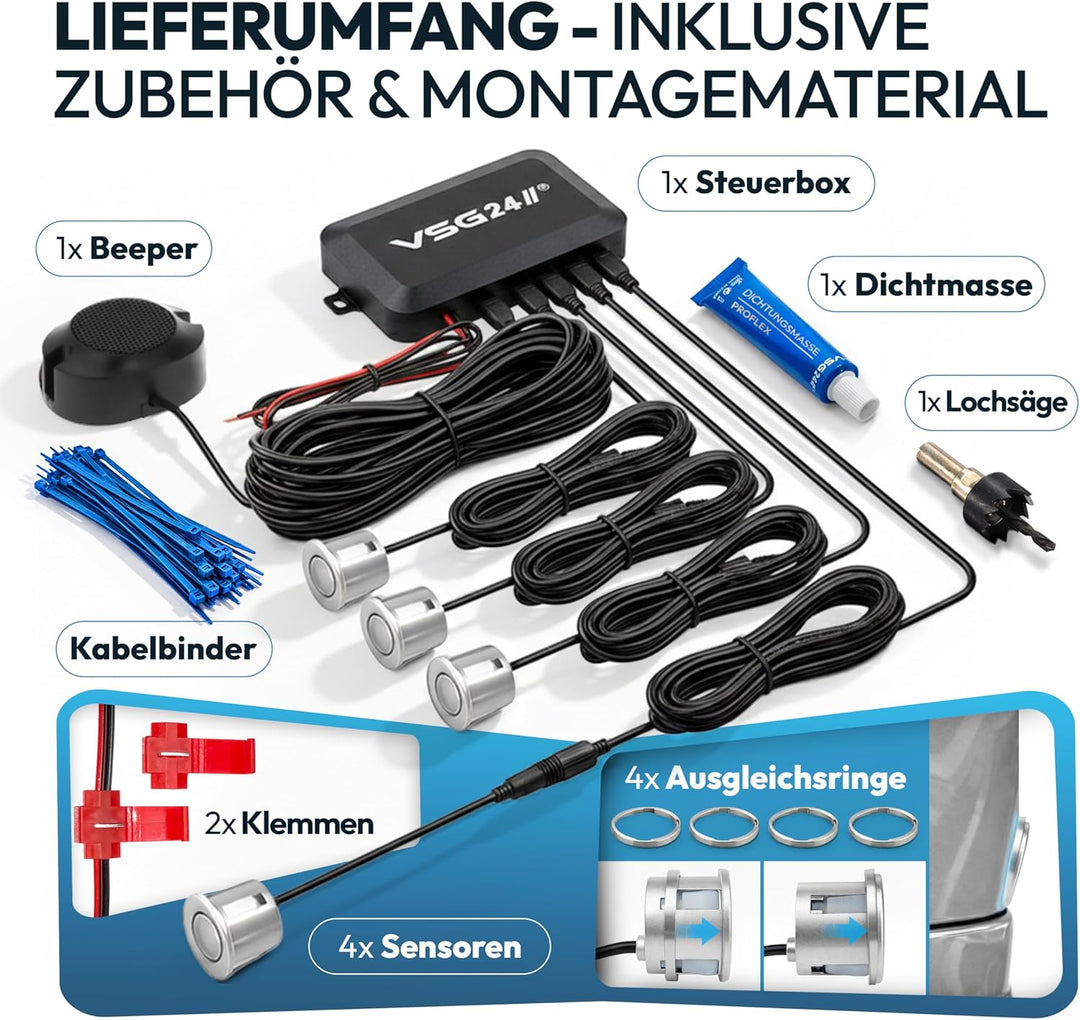 VSG24 Einparkhilfe Set hinten mit 4 Sensoren in Silber – robuste PDC Parkhilfe für Auto, SUV & Trans